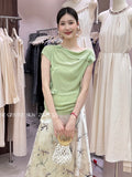 Fongt Xixi 13 Lines 2025 Summer New Temperament Ice Silk Bottom Knitted Flower Design Short-Sleeved T-Shirt 25D13