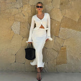 White Knit Crop Cardigan And Midi Skirt Set-Outfit