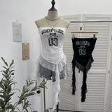 Fongt Shot With Anti-Slip Letter Print Chest Vest Tsets Lace Splicing Mesh Yarn Irregular Top 1233
