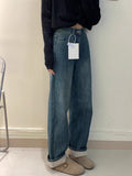 Fongt Blue Plus Velvet Jeans Children New Spring And Autumn High-Rise Thin Small Narrow Version Of Straight Broad Leg Pants Winter
