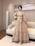 Fongt Retro Elegant Lace Splicing Strap To The Waist Lantern Sleeve Dress Female Thin Temperament Court Style Dress