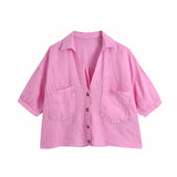 Women Fashion Candy Color Double Pockets Loose Linen Smock Blouse Lady Buttons Short Shirt Chic Kimono Blusas Tops