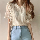 Fongt Top Retro Women's Summer 2025 New Lace Lace Hollow Shirt Temperament Slim Chic Short-Sleeved