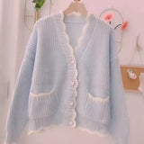 Long-Sleeved Knitted Cardigan V-Collar Warm Soft Style Design Feeling First Love Blouse Female Pink Soft Waxy Coat Autumn-Outfit