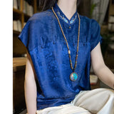 Silk Embroidered Blouse Women's High-Grade Feeling In Summer Imitating Pure Silk Improved Cheongsam Chinese Style Plate Button Printed Blouse-Outfit