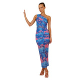 Fongt Crash-Colored Sling Dress Dress Print Slanted Shoulder Sleeveless Coat Dress Lady Woman