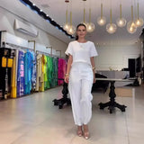 Fongt Summer New Fashion Solid Color Round Collar Loose Jacket Wide Leg Pants Two-Piece Female-Outfit