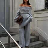 Fongt Selling A Word Shoulder Knitted Commuting Set Loose Top Broad Leg Trousers Simple High-Grade Gray Workplace Fashion