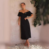 Fongt Summer Women's New Temperament Pure Color V-Neck Sexy Elegant High-Waisted Dress Woman