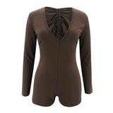 Fitness Stretchy Rompers Mini Playsuit Women's Overall Long Sleeve Drawstring Back Open Jumpsuits Fashion Club Clothes
