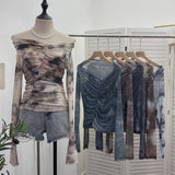 Real Shot Shoulder Tie-Dye Printing Mesh Hooded Design Long-Sleeved Irregular Folding Repair T-Shirt
