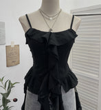 Fongt Wasteland To Make Old Hole Slings Vest Irregular Lotus Side Ribbon Short Sleeveless Top 9238