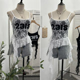 Fongt Shooting Lace Sling Vest Irregular Ribbon Hot Wear Print Short-Sleeved Top 1193