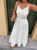 Fongt Women's New Sling INS Hot V-Neck White Hollow Escium Embroidery Dress