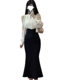 Fongt And Autumn 2025 New Hanging Neck Open Shoulder Design Long-Sleeved Top Temperament High-Waisted Fishtail Dress Fashion Suit Woman
