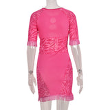 Women Sexy Tassel Lace Mini Dress Hollow Out Mesh Bodycon Dresses 2021 Summer Night Club Party Flocking Fairy Core Fall