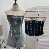 Fongt Sexy Water Wash Denim Pocket Spliced Lace Bra Design Without Strap Vest 2753
