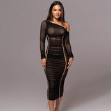 Fongt 2024 The New Women's Long Sleeve Mesh Splicing Inclined Shoulder Long Temperament Pleated Dress