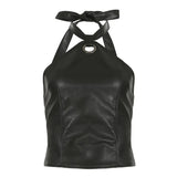 Fongt Retro Brown Leather Ring Decoration Hanging Neck Vest Sexy Back Strap Strap Short Top