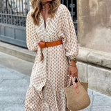 Fongt Spot 2024 Autumn / Winter New Fashion Belt Printing V-Collar Simple Temperament Long Dress-Outfit