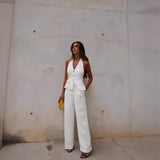 Fongt New Women's Folding Decoration High-Waist Wide Leg Pants Leak Back Hanging Neck Vest