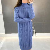Turtleneck Twist Knitting Dresses Women Warm Candy Color Rib Knited Pullover Dress Elegant Chic Solid Sweater