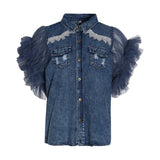 Casual Patchwork Mesh Jacket For Women Lapel Sleeveless Streetwear Denim Jackets Female Fashion New Clothing