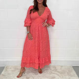 Fashion V Collar Horn Sleeves Cotton Lep Cotton Leprosy Dress