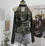 Fongt Hottie Hanging Neck A Word Shoulder Collar Long Sleeve Mesh Yarn T-Shirt 1331