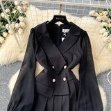 Fongt Suit Collar Dress Woman 2025 Autumn High-End Double Buckle Waist Long Sleeves Small Black Dress Skirt