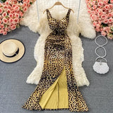 Elegant Temperament Leopard Sexy Female Robe Spaghetti Strap High Slim Waist Split Vestidos Women Party Summer