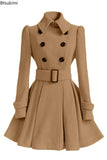 2023 Women‘s Elegant Thick Midi Length Double-breasted Overcoat Keep Warm A-line Loose Hem Tight Waist Woolen Coat with