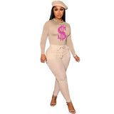 Solid Women Skinny Two Piece Sets Spring Bodycon Tracksuits Dollar Print Top And Leggings Pants 2pcs Outfits 2022