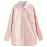Polo Collar Full Drop Sleeve Casual Loose Straight Shirts Office Lady Pocket Design Cotton Solid Spring