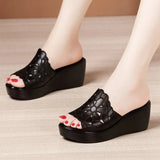 Heel Sandals Women Summer 2021 Platform Hollow Flower Sandals Large Size 41 43 Comfortable Open Toe Black Shoes