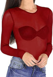 Fongt Elastic Tight Perspective Sexy Mesh Bottom Shirt Transparent Long Sleeve T-Shirt Women's Lace