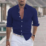 Fongt New Men's Summer Cotton-Blind Beach Shirt Long Sleeves Solid Hawaiian Holiday