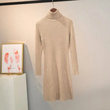 Casual Slim Warm Pit Knitted Sweater Long Sleeve Turtleneck Solid High Street Mini Party Dress 2021 Winter Fashion