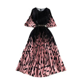 Fongt Ripe Wind Retro Temperament Three House Wrinkled A-Word Pleated Waist Show Thin Print Sleeve Round Collar To Receive Five Points Dress Female-Outfit
