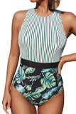 Fongt New Print Striped One-Piece Bikini Swimsuit Sexy Leaf Patchwork Triangle Women's