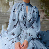 Fongt New Multi-Colored Half-High Collar Glide Open Lantern Sleeve Sleeve Chiffon Dress Chiffon