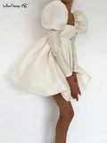 Puff Sleeves Woman Party Dress Evening Chic Square Collar Ball Gown Dress Short Beige Satin Dresses Pleated