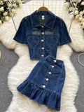 Denim Two Piece Suits Women Sexy Love Pocketshirt Crop Tops Mini Ruffles Skirts Outfits Female Elegant Cowboy 2 Piece Set-Outfit