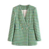 Women 2021 Fashion Double Breasted Tweed Check Slim Blazers Coat Vintage Female Outerwear And Sleeveless Vest Mini