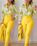 Women's Elegant Two Piece Pants Sets Printed Long Sleeve Shirts and Pants with Belt Fashion Women 2pcs Suits Office