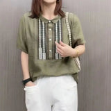 Peter Pan Collar Blouse Casual Loose Female Clothing Stylish Printed Patchwork Button 2023 Summer New Short Sleeve Shirt-Outfit