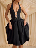 Fongt Spring And Summer New Hanging Neck Bow Deep V Bare Back Sexy Poneng Dress LX0116