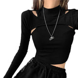 Fongt And Autumn Women's Wear Carefully Machine Hollow Open Shoulder Bottom Shirt Slim Fake Two Short