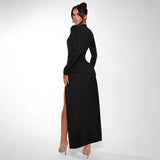 Fongt Women's New Sexy Deep V Long-Sleeved Solid Color Open-Fork Dress Dress Dress Woman