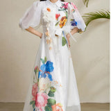 Fongt Elegant Dress Women's Summer Court Wind Strap To The Waist Three-Dimensional Flower Lantern Sleeve Print Mesh Dress
